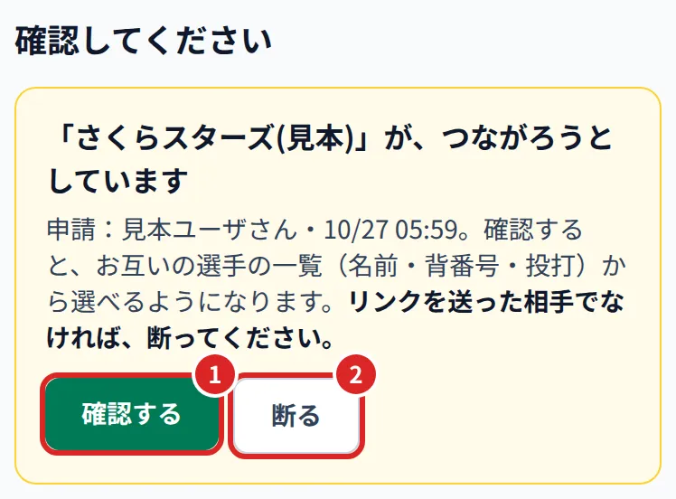 確認してください。①確認する ②断る