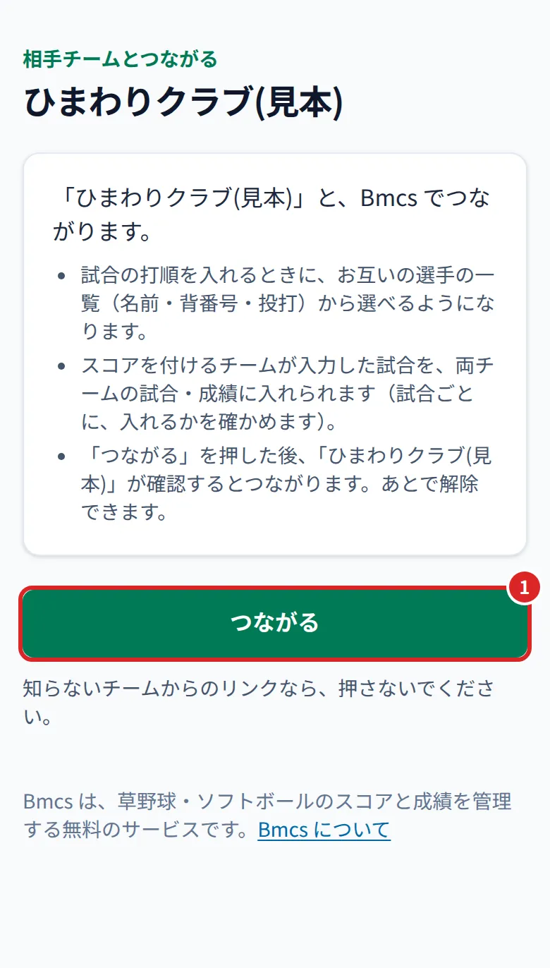 リンクを開いた画面。①つながる