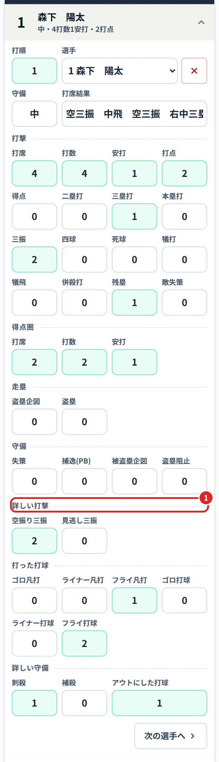 野手の詳しい項目